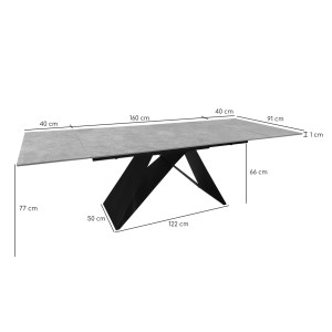 Table Extensible 160/240 cm céramique pleine masse gris clair effet béton et pied géométrique métal - LIMA