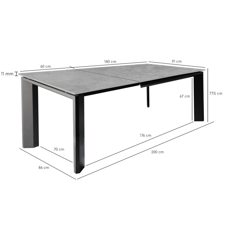 Table Extensible 140/200 cm Plateau céramique pleine masse gris clair effet béton et pied Acier - MATRIX