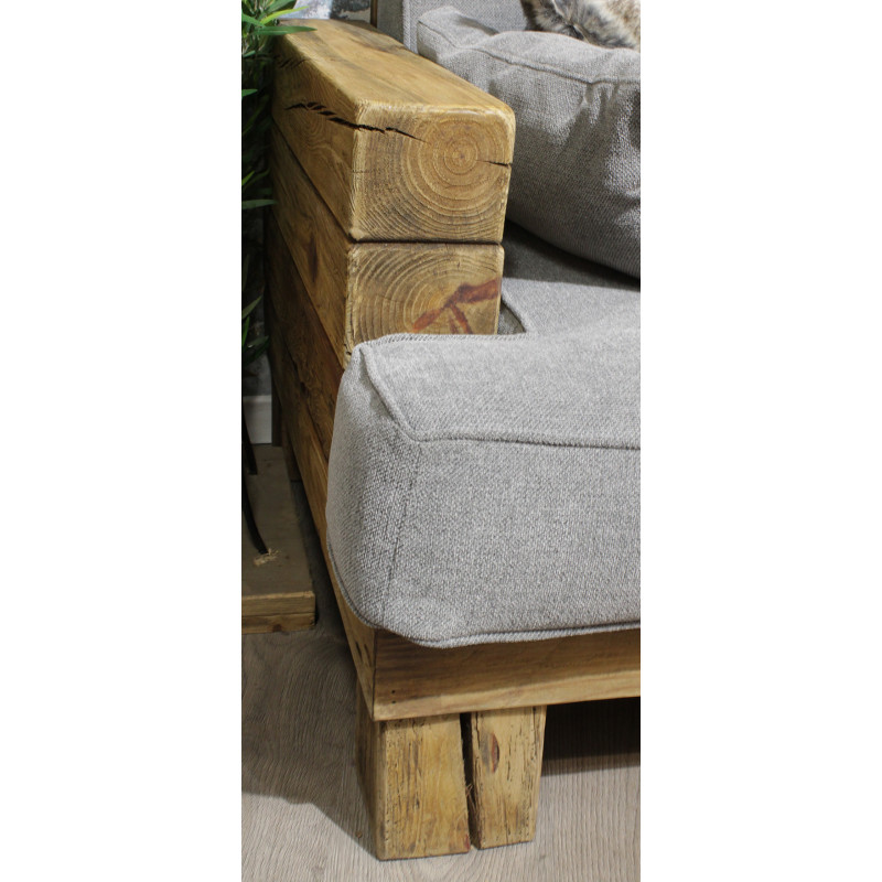 Canapé 3 places en pin recyclé et tissu gris - déco montagne rustique -  Collection CHALET