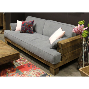 Canapé 3 places en pin recyclé et tissu gris - déco montagne rustique -  Collection CHALET