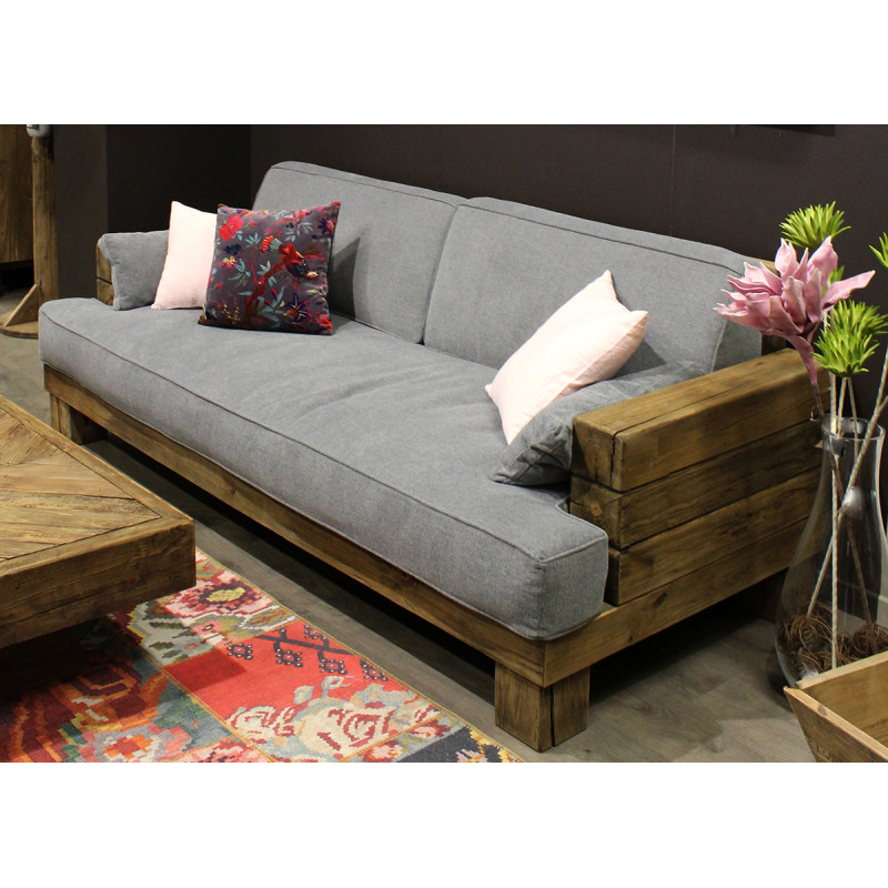 Canapé 3 places en pin recyclé et tissu gris - déco montagne rustique -  Collection CHALET