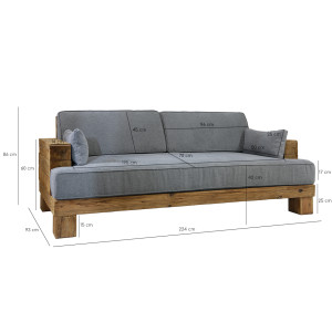 Canapé 3 places 224 cm en bois recyclé et tissu gris style rustique et montagnard  - CHALET