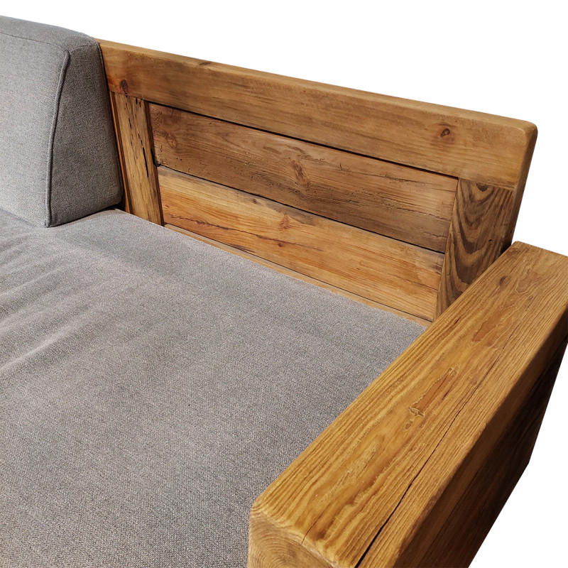 Canapé 3 places 224 cm en bois recyclé et tissu gris style rustique et montagnard  - CHALET