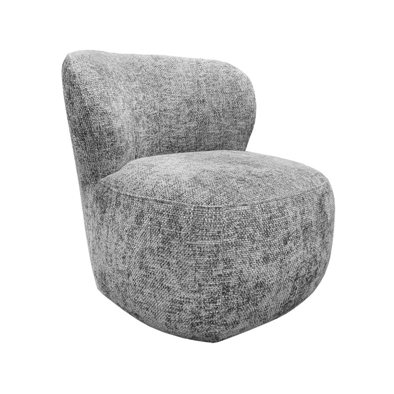 Fauteuil bas rond H. 40 cm en tissu épais gris chiné avec dossier arrondi et enveloppant - MALLOW