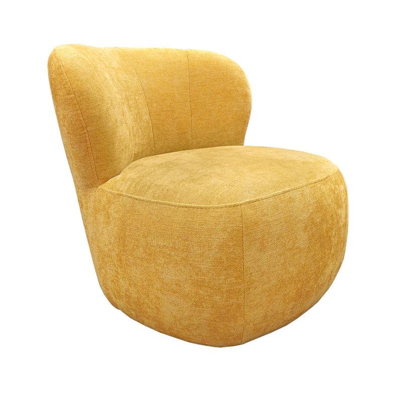 Fauteuil bas rond H. 40 cm en tissu jaune avec dossier arrondi et enveloppant - MALLOW