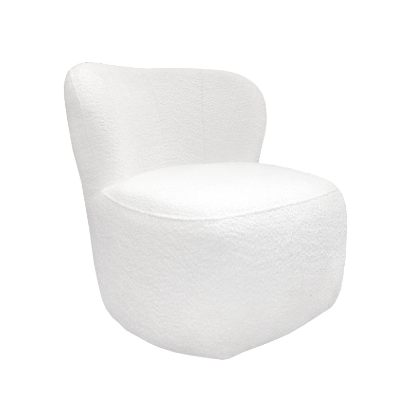 Fauteuil bas rond H. 40 cm en tissu bouclette blanc avec dossier arrondi et enveloppant - MALLOW