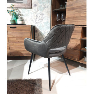 Chaise en velours gris anthracite avec accoudoirs dossier capitonné et pieds métal confortable - ARON