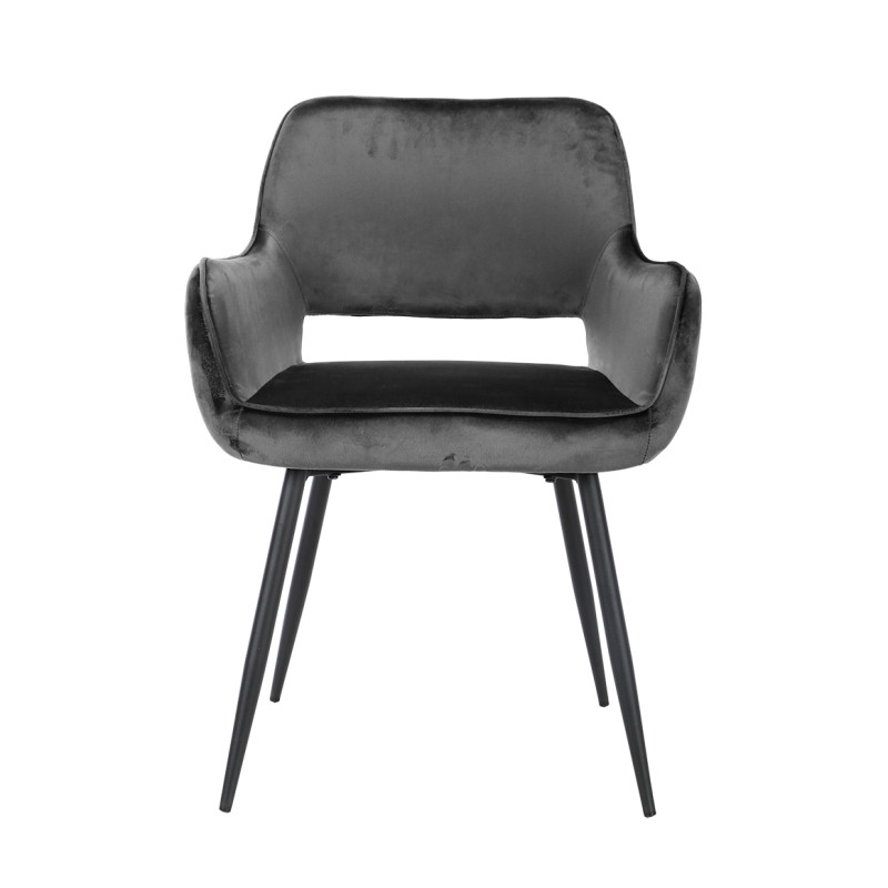 Chaise en velours gris anthracite avec accoudoirs dossier capitonné et pieds métal confortable - ARON