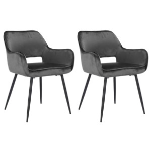 Lot de 2 chaises en velours gris anthracite avec accoudoirs dossier capitonné et pieds métal confortable - ARON