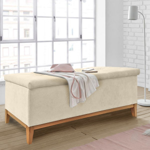 Banc / Bout de lit avec coffre de rangement tissu doux écru - SKY