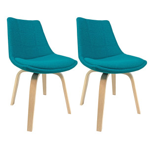 Lot de 2 chaises en laine bleu turquoise dossier avec surpiqures pieds en bois clair style scandinave - ALLIE 9347