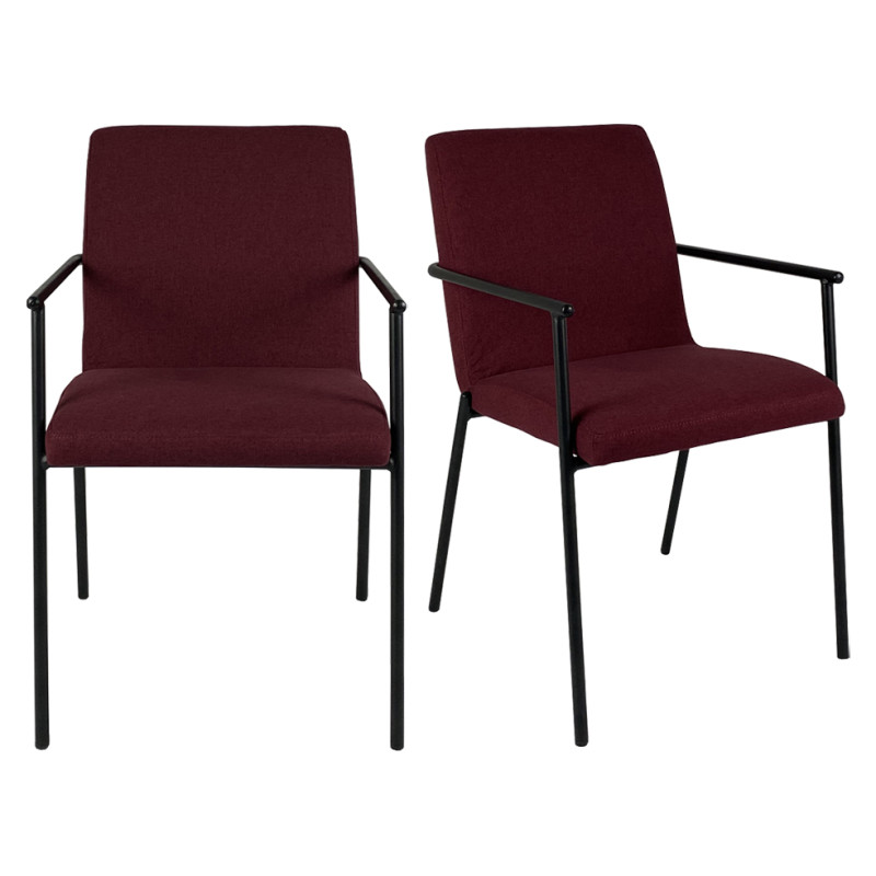 Lot de 2 chaises en tissu rouge bordeaux avec accoudoirs fins en métal noir design minimaliste - OFFICE 1661