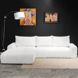 Canapé d'angle gauche convertible tissu bouclette blanc L304 cm - VOLT