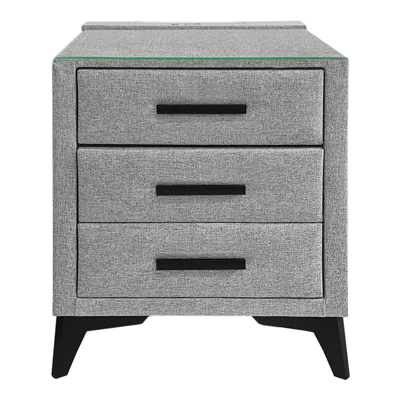 Table de chevet tissu gris clair chiné + LED et 2 prises USB - AISHA