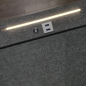 Table de chevet tissu gris clair chiné + LED et 2 prises USB - AISHA