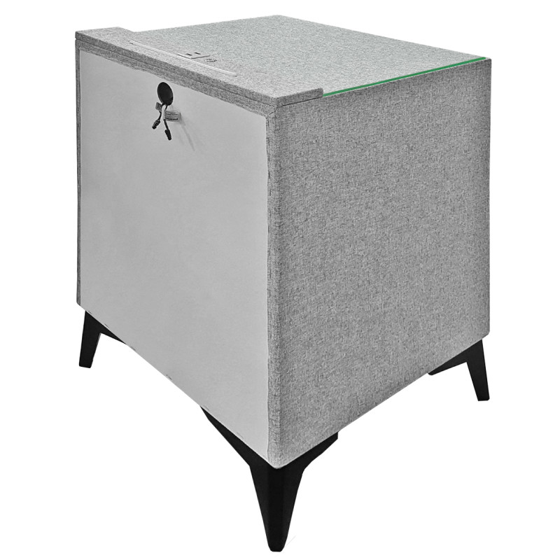 Table de chevet tissu gris clair chiné + LED et 2 prises USB - AISHA