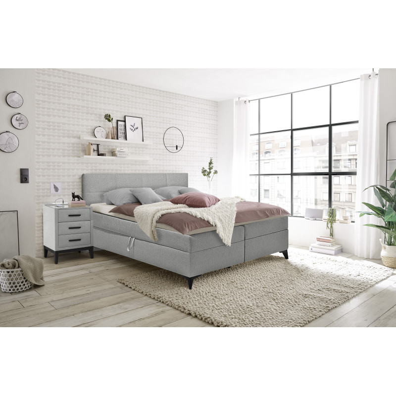 Table de chevet tissu gris clair chiné + LED et 2 prises USB - AISHA