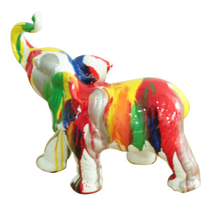 Statue éléphant trompe relevé coulures multicolores H24 cm - DUMBO