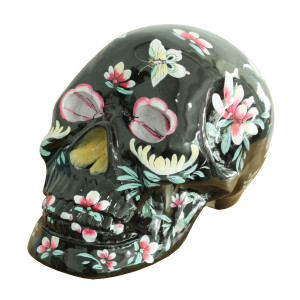 Crâne humain résine peinture noir papillons et fleurs H37 cm - SKULL