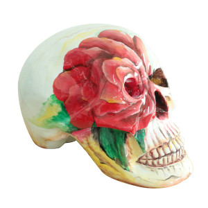 Crâne humain en résine peinture blanche et fleur rose H37 cm - SKULL