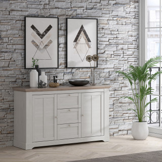 Buffet 160 cm 2 portes 3 tiroirs poignées métal décor chêne clair blanchi classique campagne - ANGELE