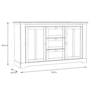 Buffet 160 cm 2 portes 3 tiroirs poignées métal décor chêne clair blanchi classique campagne - ANGELE