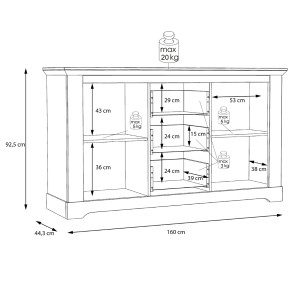 Buffet 160 cm 2 portes 3 tiroirs poignées métal décor chêne clair blanchi classique campagne - ANGELE