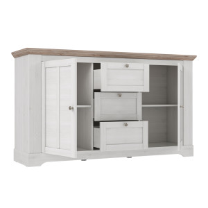 Buffet 160 cm 2 portes 3 tiroirs poignées métal décor chêne clair blanchi classique campagne - ANGELE