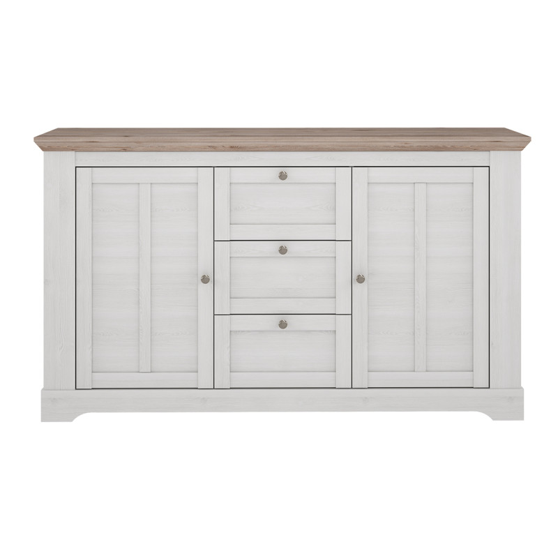 Buffet 160 cm 2 portes 3 tiroirs poignées métal décor chêne clair blanchi classique campagne - ANGELE