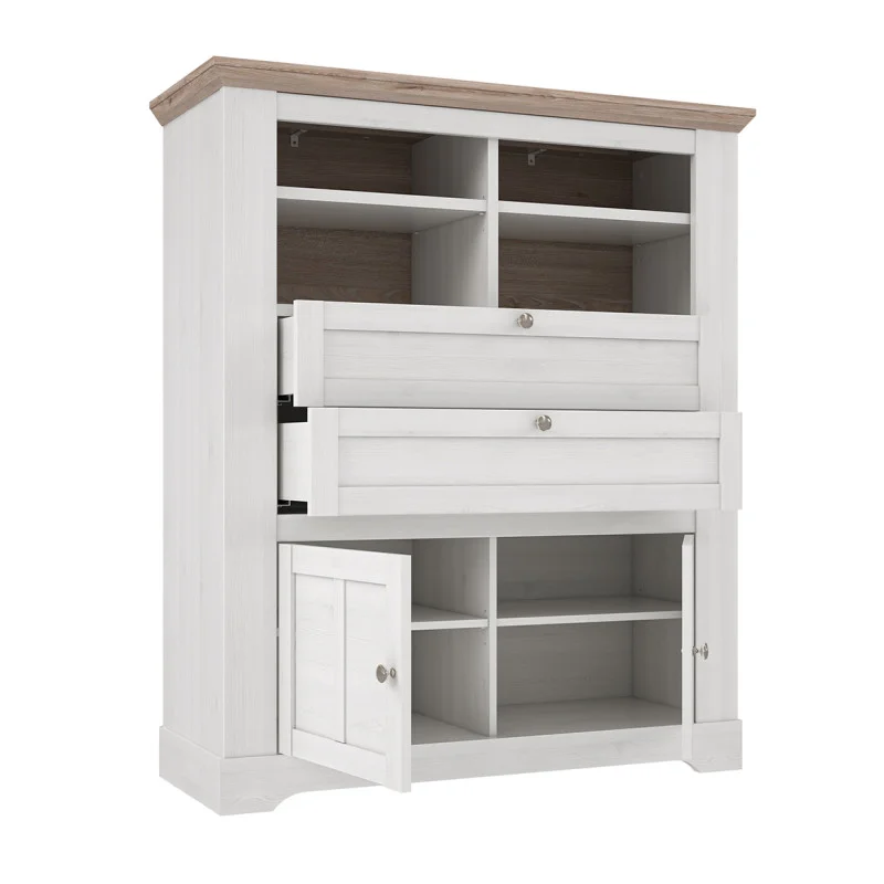 Buffet haut 2 portes 2 tiroirs 4 niches poignées métal décor chêne clair blanchi classique campagne - ANGELE