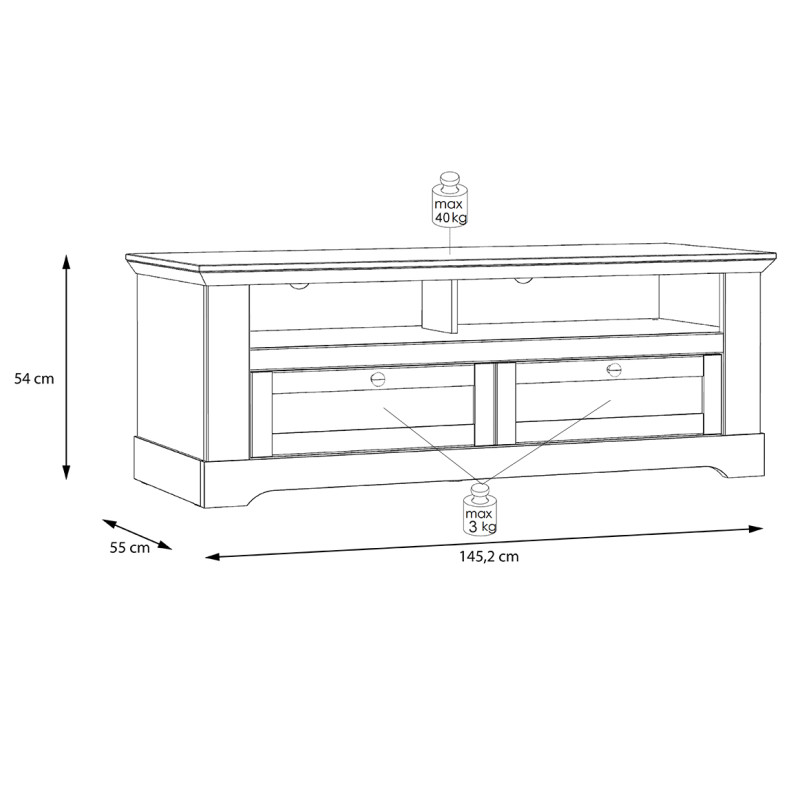 Meuble TV 145 cm 2 tiroirs 2 niches poignées métal décor chêne clair blanchi classique campagne - ANGELE
