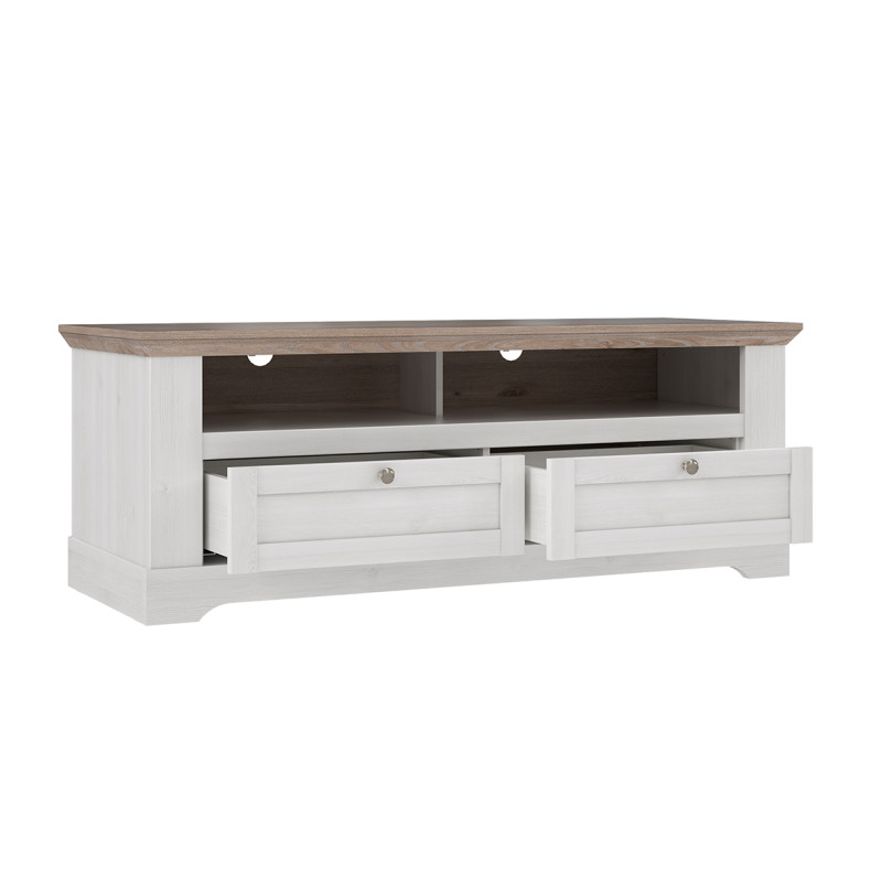 Meuble TV 145 cm 2 tiroirs 2 niches poignées métal décor chêne clair blanchi classique campagne - ANGELE