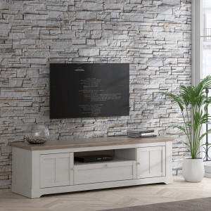 Meuble TV 205 cm 2 portes 1 tiroir 1 niche poignées métal décor chêne clair blanchi classique campagne - ANGELE