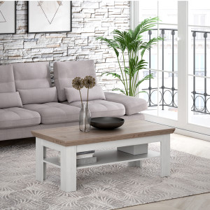 Table basse 120 x 60 cm 2 plateaux décor chêne clair blanchi classique campagne - ANGELE