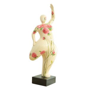 Statue femme jambe pliée beige avec fleurs roses H60 cm - LADY ROSE