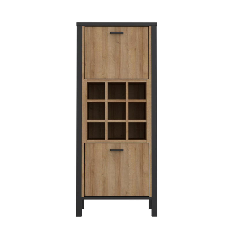 Bar avec 9 casiers à bouteilles décor noir et effet chêne - MODE