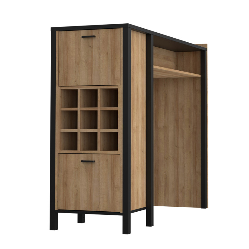 Bar avec 9 casiers à bouteilles décor noir et effet chêne - MODE