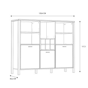 Buffet haut 3 portes 5 niches 6 casiers à bouteilles Effet chêne et piètement métal Noir Mat - MODE
