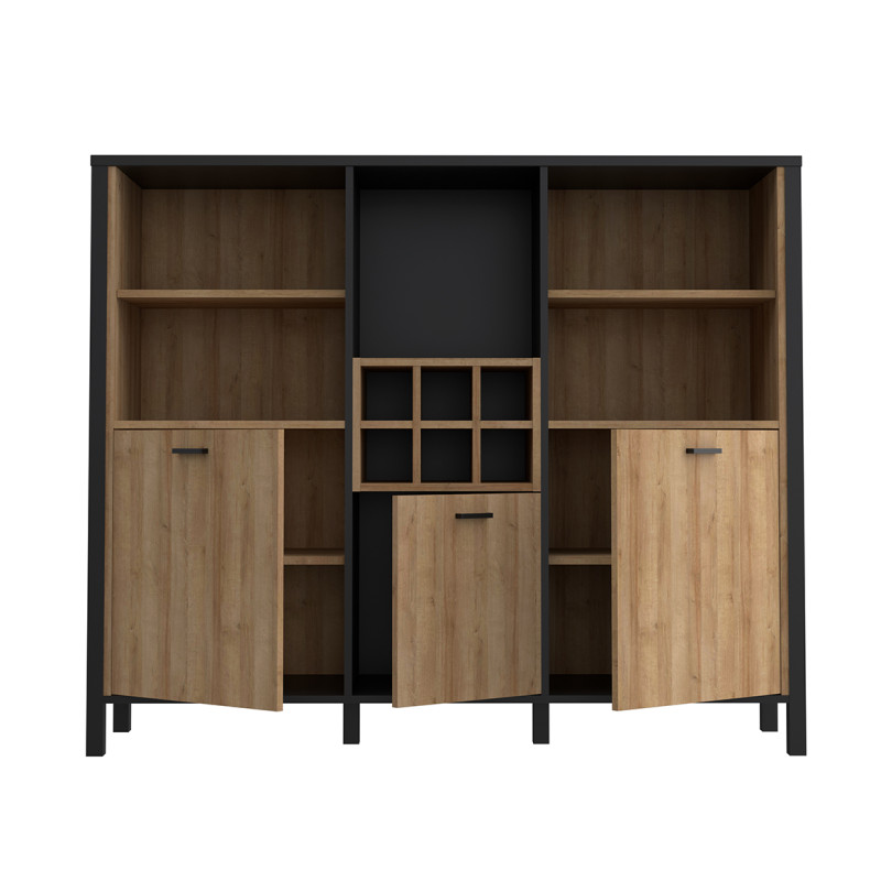 Buffet haut décor noir et effet chêne avec poignées noir - MODE
