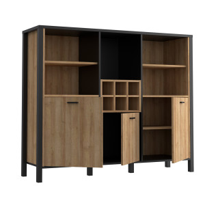 Buffet haut 3 portes 5 niches 6 casiers à bouteilles Effet chêne et piètement métal Noir Mat - MODE