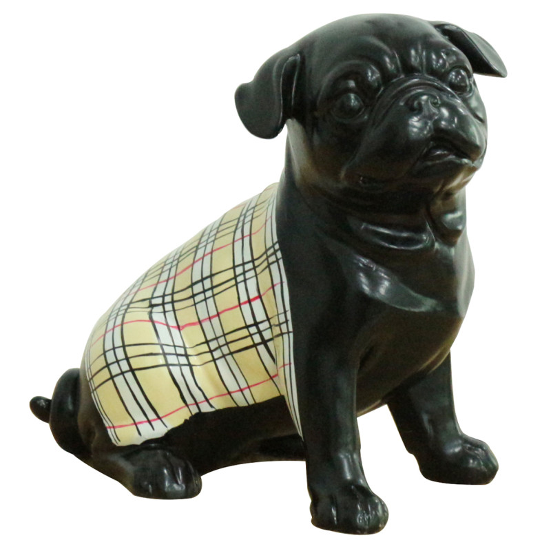 Statue chien carlin peinture noir et tartan écossais H20 cm - MIKE