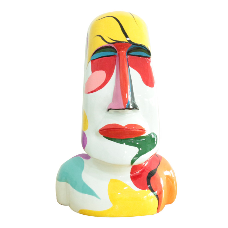 Statue tête île de Pâques avec peintures abstraites H43 cm - MOAI