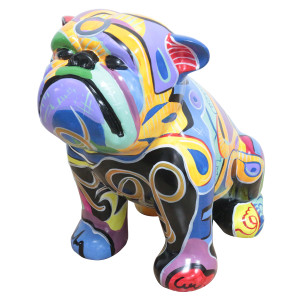 Statue chien bulldog avec tags abstraits multicolores H43 cm - TAZ