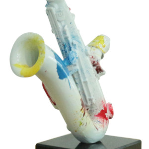 Statue saxophoniste avec saxophone blanc et multicolore H62 cm - SONG