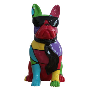 Statue chien bulldog assis noir et multicolore H37 cm - KARL 01