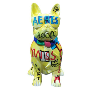 Statue chien bulldog assis avec graffiti multicolores H37 cm - KARL 02