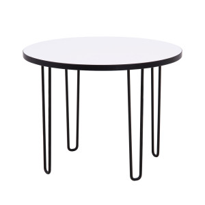 Table basse ronde diamètre 60 cm décor blanc uni et 4 pieds épingles en métal noir - LINDY