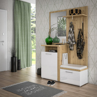 Meuble d'entrée L. 128 cm 2 portes 4 crochets 1 banc 1 miroir décor blanc laqué et bois rustique - BERLIOZ