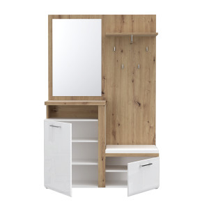 Meuble d'entrée L. 128 cm 2 portes 4 crochets 1 banc 1 miroir décor blanc laqué et bois rustique - BERLIOZ