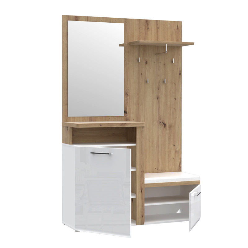 Meuble d'entrée L. 128 cm 2 portes 4 crochets 1 banc 1 miroir décor blanc laqué et bois rustique - BERLIOZ